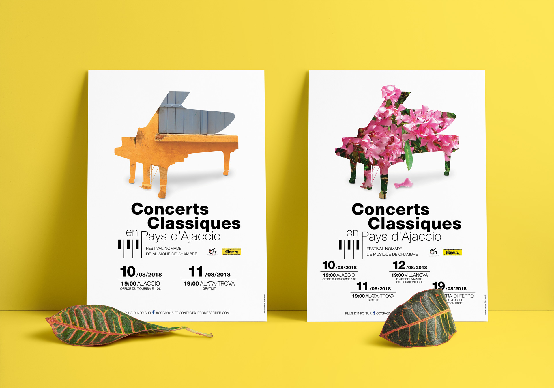 Mise en situation d'affiches conçues pour une série de concerts classique en Corse du Sud
