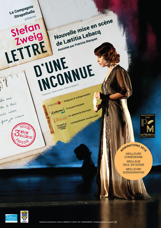 Affiche de la pièce de Théâtre Lettre d'une Inconnue de Stefan Zweig avec Laetitia Lebacq pour ses représentations à Paris