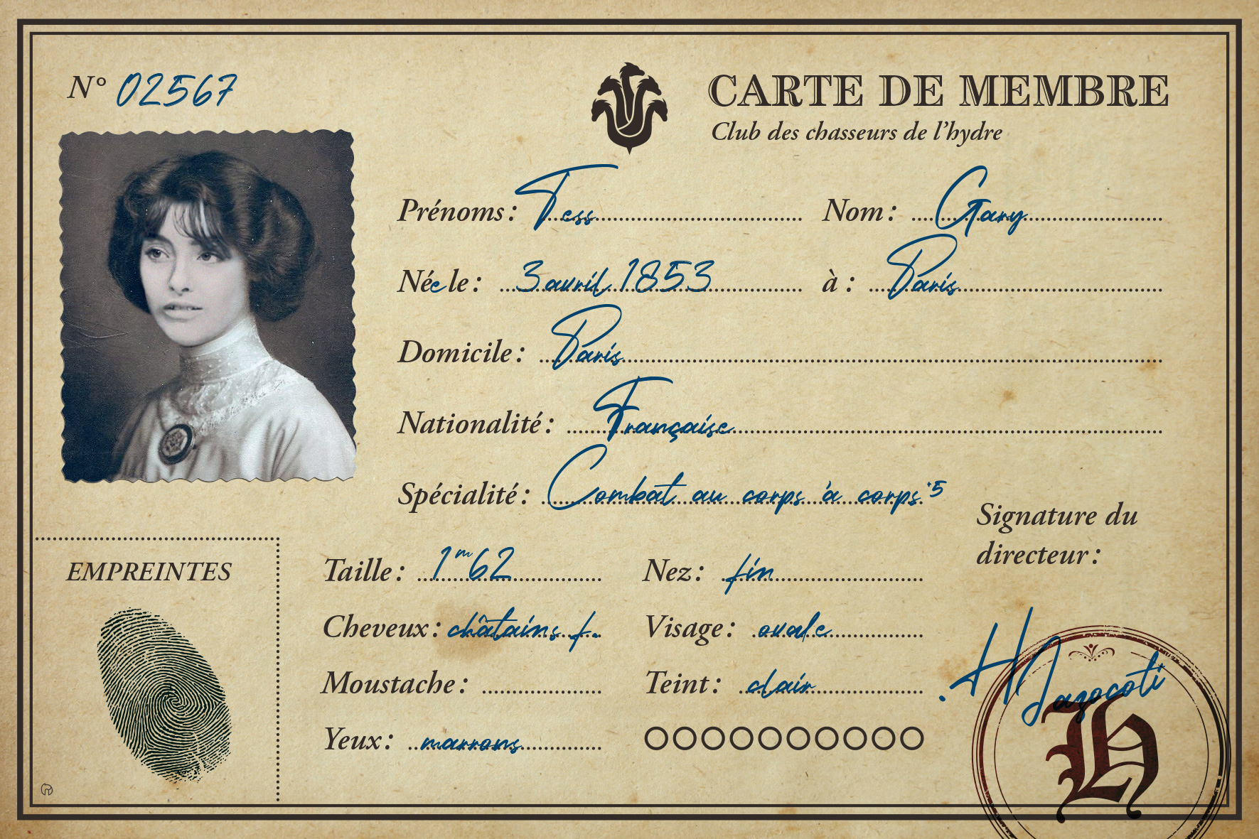 Premier rôle - carte de personnage - Tess